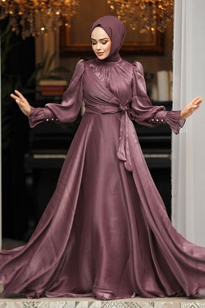 Neva Style Brown Hijab Lacing Dress 48051Kh