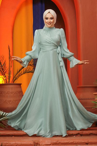 Neva Style Lacing Detailed Green Hijab Evening Dress 48051Cy