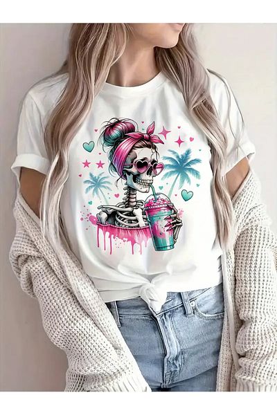 PENTHİLUS Skull Printed Crew Neck T-Shirt, Casual Short Sleeve T-Shirt for Summer and Spring, Women's Clothing