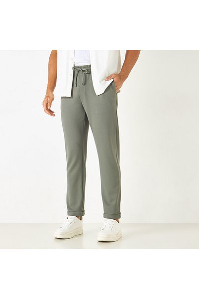 Smart Textured Slim Fit Flexi Waist Trousers with Pockets and Drawstring Closure