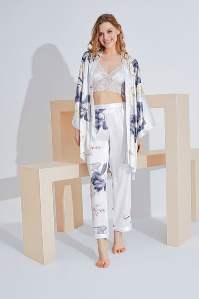 JENİKA Set de pijamale din 3 piese bustieră cu mâneci lungi din satin cu imprimeu floral