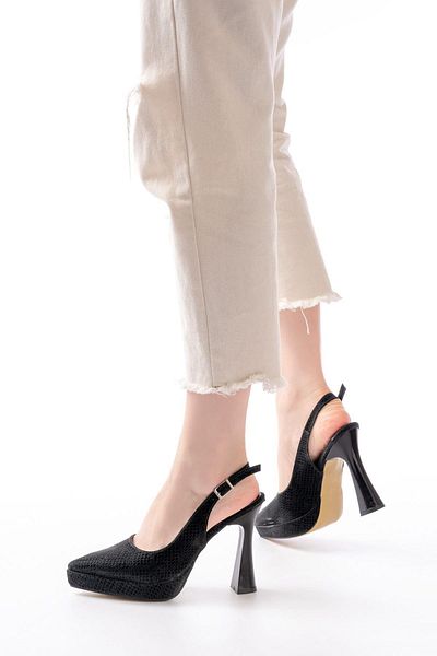 Aymood B-2101 Black Daily Open Back Snake Pattern Heeled Shoes