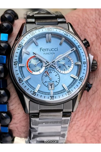 Ferrucci Smoked-Turquoise Color, Functions Active, Steel Cord Men's Wristwatch Bracelet