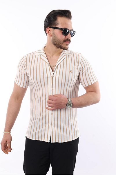 comstar Ανδρικό κοντομάνικο Slim Fit καλοκαιρινό ριγέ πουκάμισο καφέ
