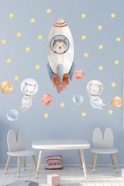 Tasarım Sevimli Hayvanların Uzay Macerası Duvar Cam Sticker Seti