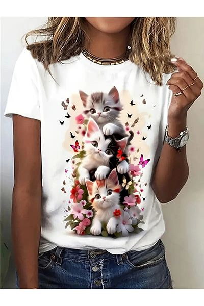 PENTHİLUS Cute Cat Printed Round Neck T-Shirt, Comfortable Short Sleeve T-Shirt for Spring and Summer, Women's Clothing