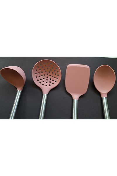 IVORY Set of 4 Fireproof Non-Stick Steel Handle Silicone Spoon, Colander, Spatula, Scoop