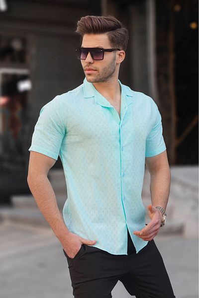 Madmext Türkises Slim Fit 100 % Baumwolle Kurzarm Herrenhemd 5585