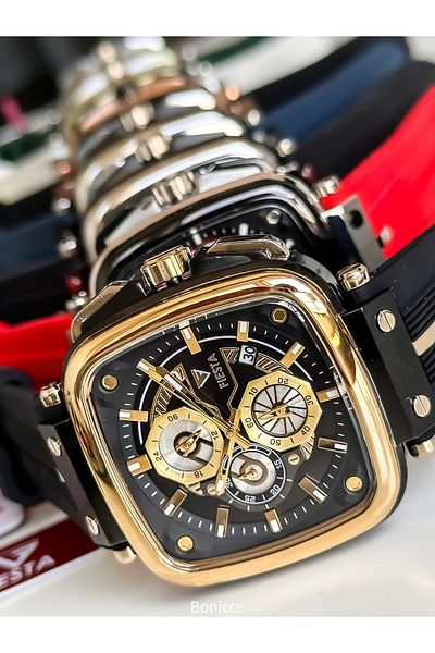 Fiesta Black-Yellow Silicone Cord,Functions Active,Steel Case,Vip Series Men's Wristwatch Bracelet