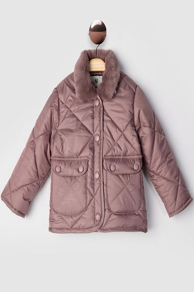 PODIUM GYM New Trend Basic Girl's Fur Collar Snap Closure Welsoft -Quilted Coat Girl'S-Baby Jacket-Mount
