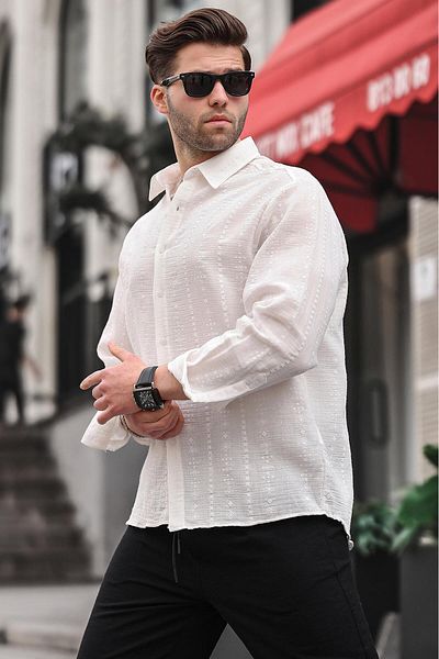 Madmext Ecru Patterned Long Sleeve Men's Shirt 6734