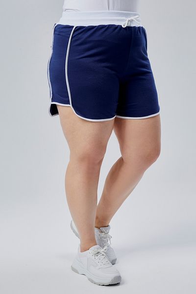 BANEGA Curve Plus Size Women's Piping Detailed Knitted 100% Cotton High Waist Navy Blue Shorts & Bermuda