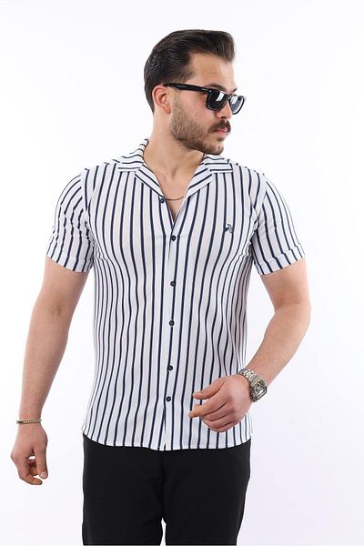 comstar Ανδρικό κοντομάνικο Slim Fit καλοκαιρινό ριγέ πουκάμισο Navy