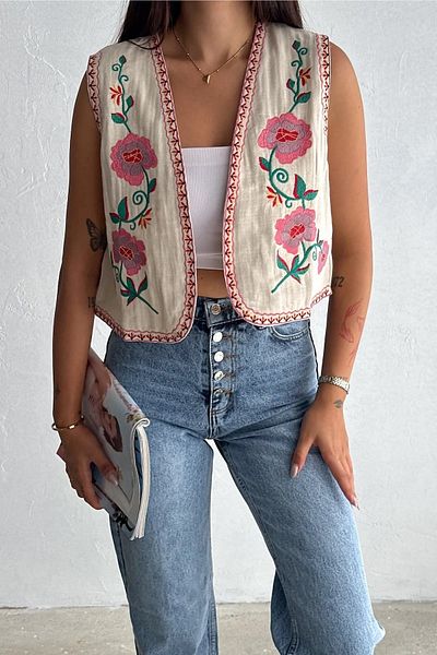 Namaste Vintage Beige Vintage Model Crop Vest with Flower Embroidery (100% Cotton)