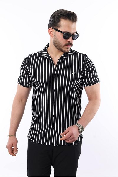 comstar Ανδρικό κοντομάνικο Slim Fit καλοκαιρινό ριγέ μαύρο πουκάμισο