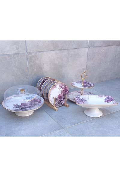 Pinkev 9 Piece Purple Floral Ceramic Cake Fan Cake Presentation Plate Set