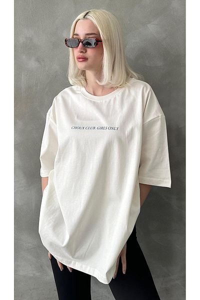 Madmext Ecru Oversize Back and Front Printed Crew Neck Short Sleeve T-Shirt Mg2130
