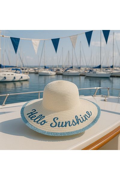 LAGRANZE Hello Sunshine Text Detailed Straw Hat Beach Hat