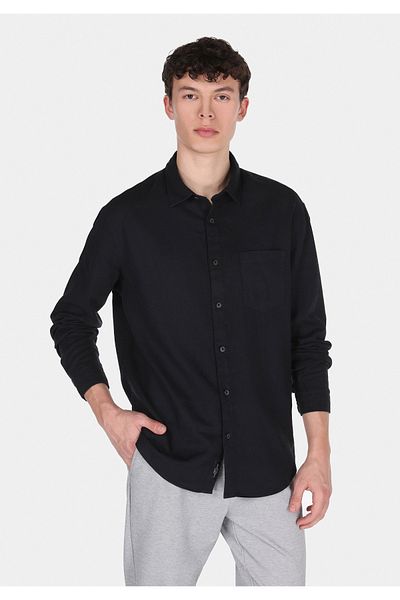Colin's Relaxed Fit Shirt Neck Plain Men's Linen Blended Black Long Sleeve Shirt