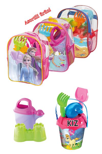 ToXA 8 Piece Girl Kids Beach Toy Colorful Illustrated Sea Sand Bucket Toy Bucket Set with Backpack