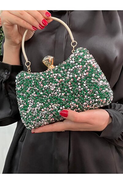 Baykuş Boutique Kristal İri Taşlı Gece Abiye Çanta, Tokalı Zincir ve El Tutma...