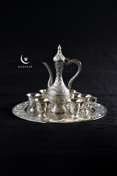 Bilenler Hediyelik/ Sunumluk Osmanlı Motifli Nakışlı Gümüş Zemzem Takımı 8 Parça