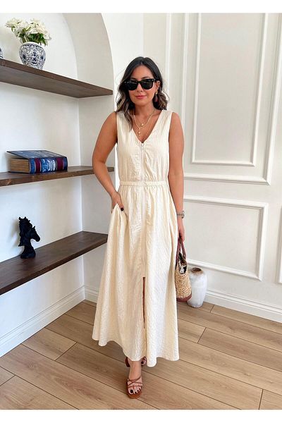 kubraozbeybutik Front Zipper Striped Sleeveless Dress