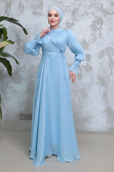 Neva Style Hijab Evening Dress - Baby Blue Hijab Evening Dress with Lacing Detail 48051Bm