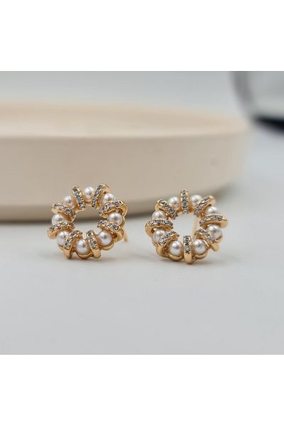 SE Jewellery Collection Selin Ersoy Circular Women's Earrings with Pearls and Zirconia in Rose Gold, Xuping, Non-Tarnish, Water Resistant, 1.3 cm