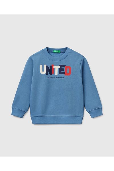 United Colors of Benetton Boy's Aviator Blue Benetton Logo Printed Crew Neck Sweatshirt