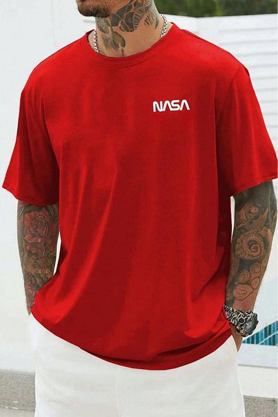NO 601 Men's Red Nasa Printed Oversize Tshirt