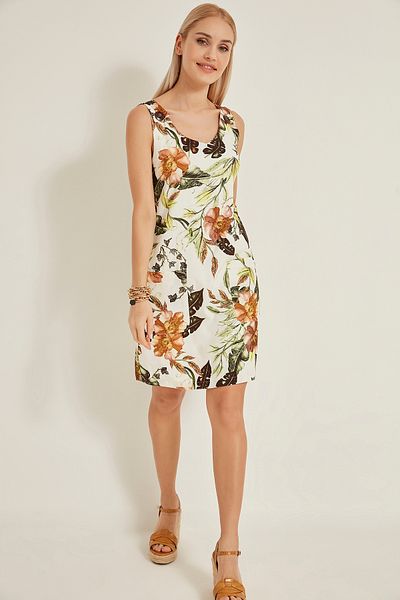 GAJA 5243 Women's Patterned Sleeveless Cotton Dress with Applique Front Pockets