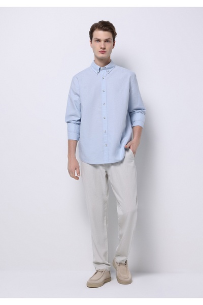 Colin's Regular Fit Shirt Neck Düz Erkek Keten Karışımlı Mavi Uzun Kol Gömlek