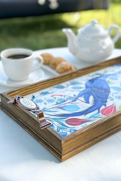 FARİKA Wooden Tray 42 X 22.5 X 4 cm - Patterned Serving and Presentation Tray - Stork