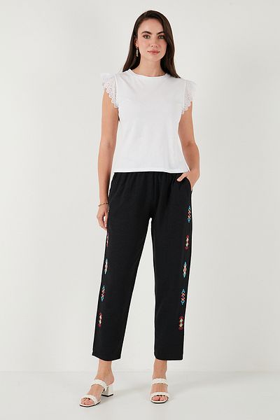 Lela Bohemian Embroidered Linen and Cotton Blend Baggy Trousers Pants 5865050