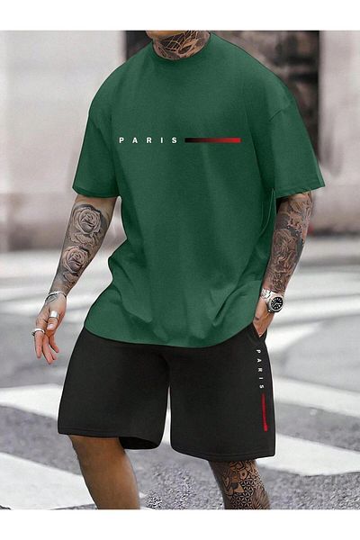 NO 601 Men's Dark Green Red Paris Printed Oversize Tshirt Black Short Set