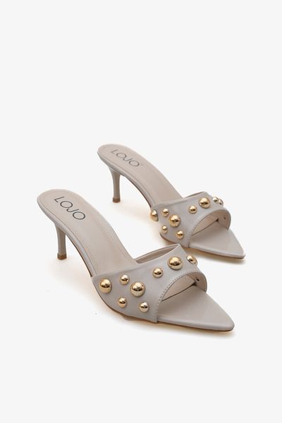 LOJO Women's Gold Stone Heeled Pointed Toe Daily Slippers Dora Beige