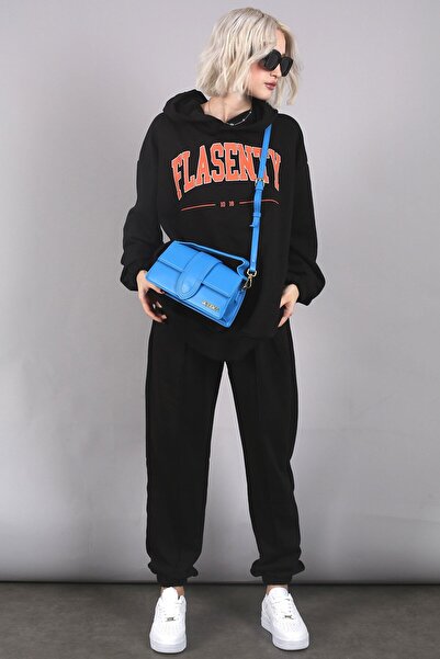 Madmext Siyah Oversize Baskılı Eşofman Takım Mg1561