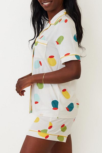Katia&Bony Set de pijamale pentru damă, cu model de lămâie, cu nasturi, cu pantaloni scurți