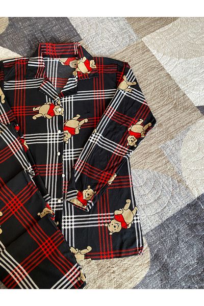 AYREKA HOMEWEAR Black Red Teddy Bear Patterned Plaid Women's Pajama Set