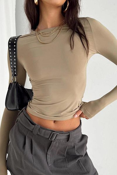 Madmext Beige Crew Neck Basic μακρυμάνικο σώμα Mg1701