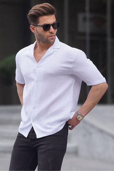 Madmext White Short Sleeve Men's Shirt 6706