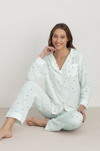 DOFİ Dofi Women's Aqua Green Bow Tie Patterned Pajama Set Long Sleeve with Button, Pocket and Cuff Detail