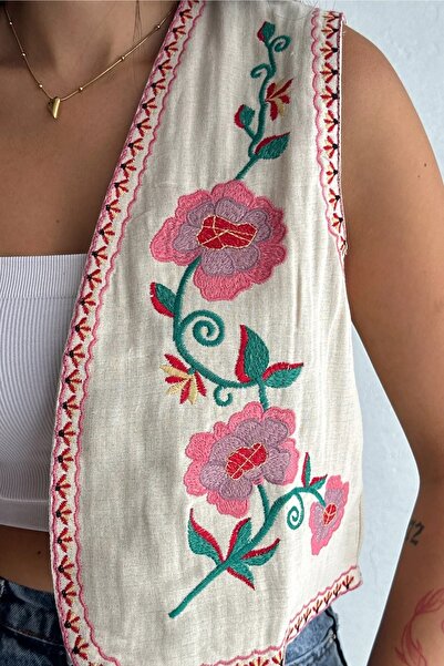 Namaste Vintage Beige Vintage Model Crop Vest with Flower Embroidery (100% Cotton)