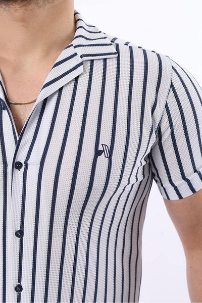 comstar Ανδρικό κοντομάνικο Slim Fit καλοκαιρινό ριγέ πουκάμισο Navy