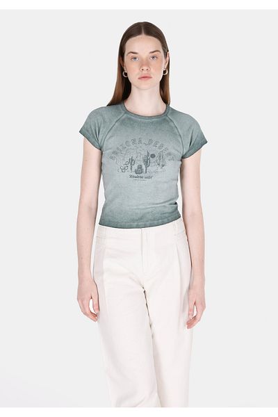 Colin's Slim Fit Round Neck Printed Women's Green Short Sleeve T-Shirt