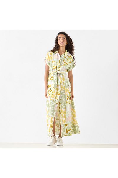 FAV Floral Print Maxi Shirt Dress with Tie-Up Detail