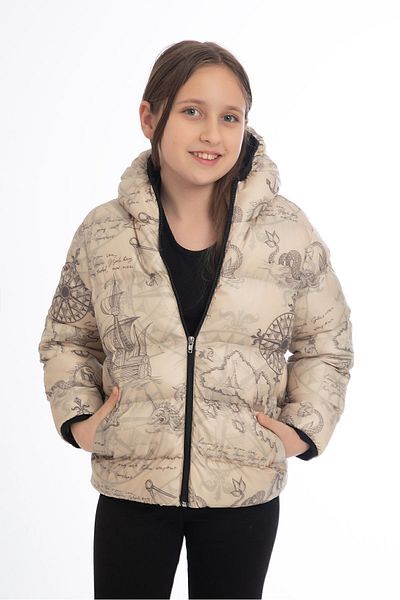 Royalside Sports Girl's Beige Compass Pattern Fleece Water and Wind Proof Hooded Winter Sports Coat