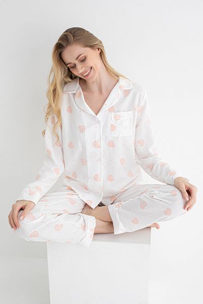 DOFİ Dofi Women Ecru Smiley Heart Patterned Pajamas Set Long Sleeve, Buttoned, Aerobin Fabric