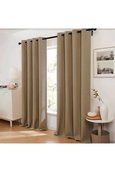 farbateks Linen Curtain - Black Beige & Coffee Color, Rustic Eyelet Ring Pipe Ring Decor Curtain